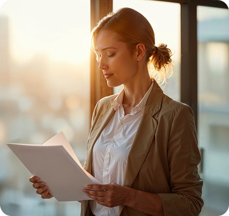 A businesswoman in a suit is intently reading a document in an office setting.
